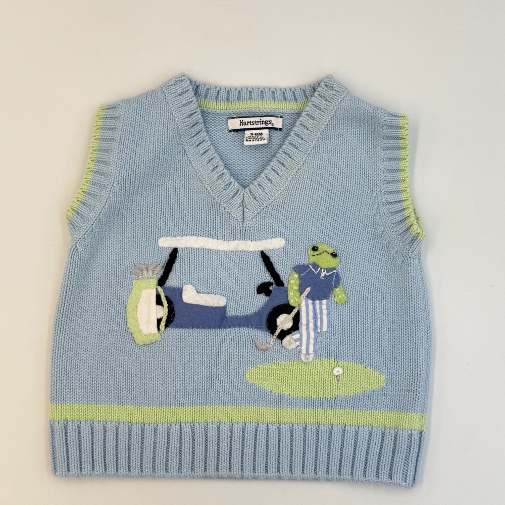 Hartstrings Frog Golf Cart Sweater Vest 3-6M • Blue Knit Cotton Preppy Golf Baby